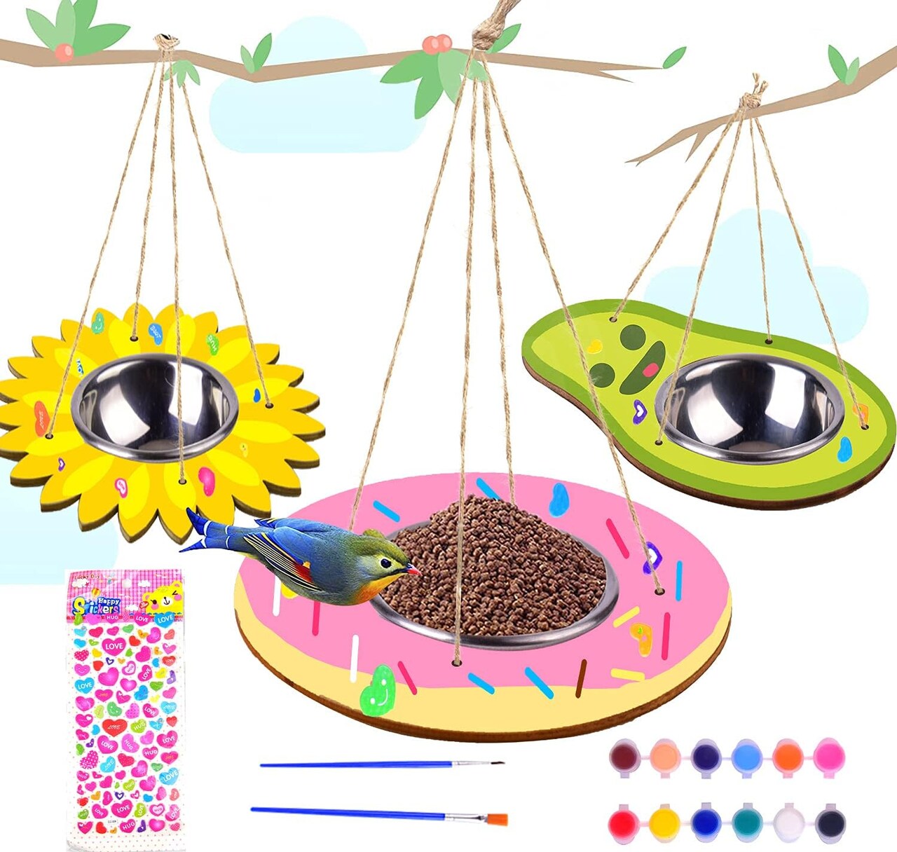 3-Pack DIY Wooden Bird Feeder Kits for Kids – Arts & Crafts Outdoor Educational Fun, Paint & Hang Sunflower, Donut, and Avocado Feeders, Perfect DIY Gift for Boys and Girls Ages 3–12